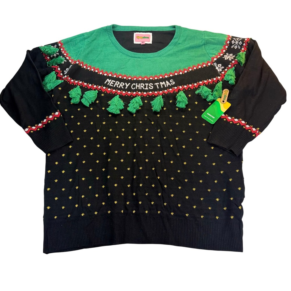 Tipsy Elves Merry Christmas Tree Tassel Ugly Sweater Black Green Mens 3X NEW